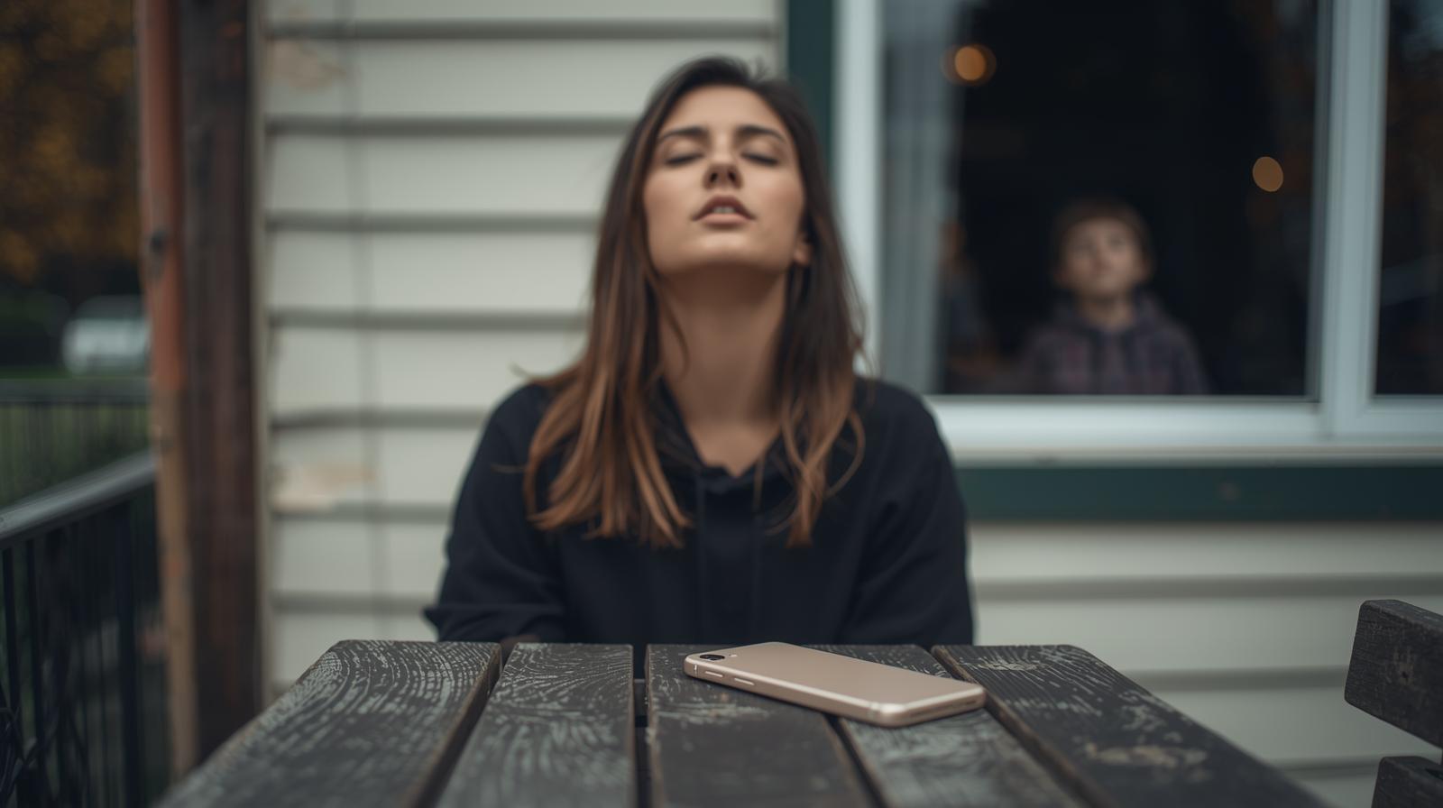 Parent practicing a screen-time reset by placing phone face-down and breathing deeply before reconnecting with child inside.