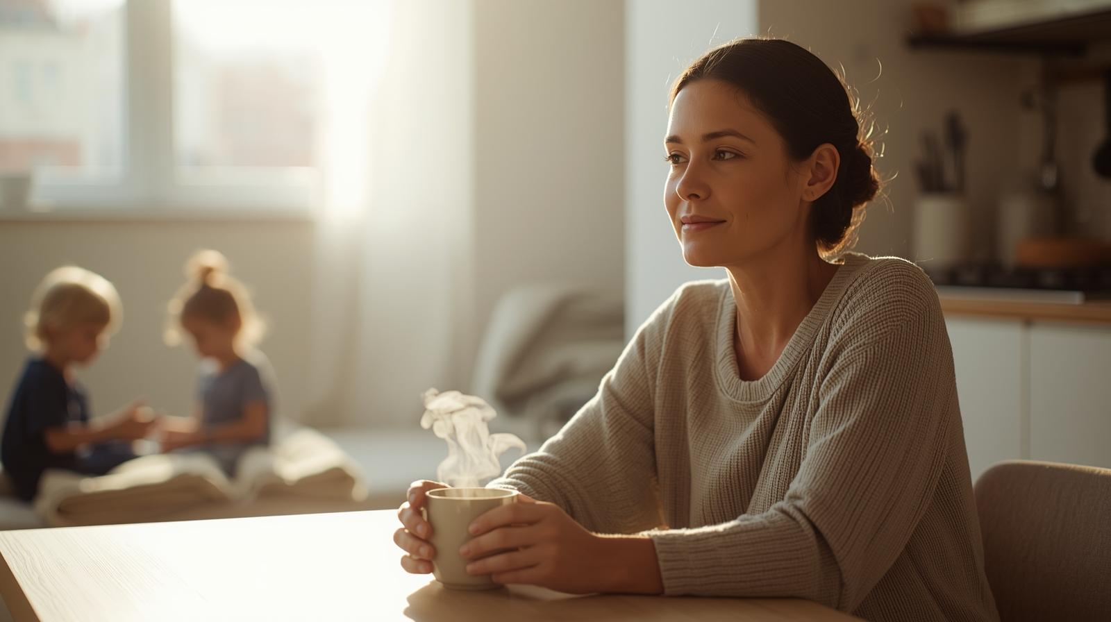 Busy mom taking a quiet moment with coffee while kids play in background at home, stress-free parenting lifestyle