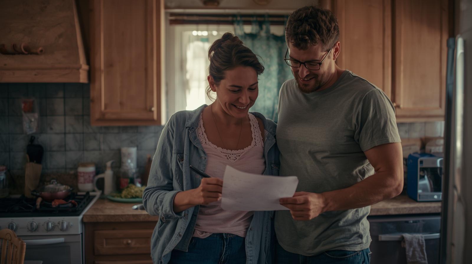 A tired but happy mom and dad standing in the kitchen writing a weekly dinner list on paper, casual home setting, slightly messy kitchen. A tired but happy mom and dad standing in the kitchen writing a weekly dinner list on paper, casual home setting, slightly messy kitchen.