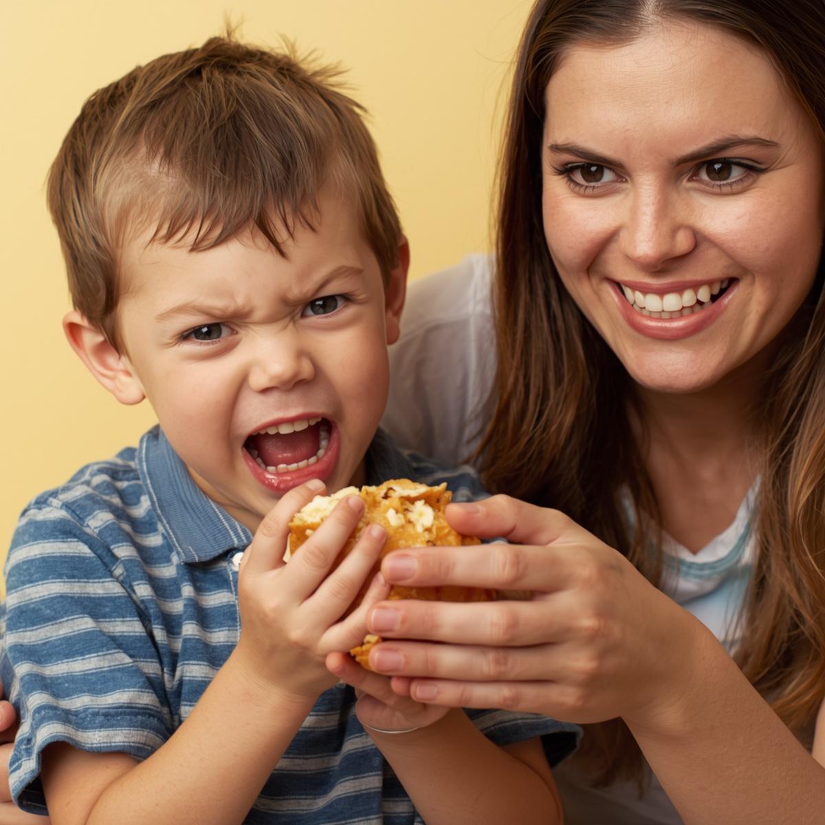 Mom taking snack from son. 