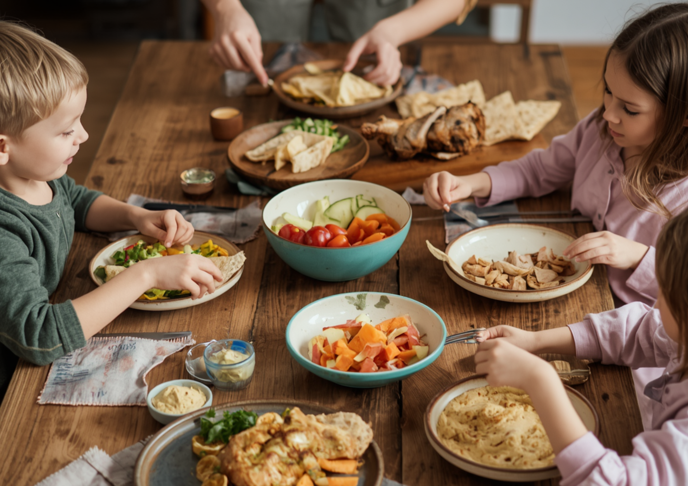 Family assembling dinner. 