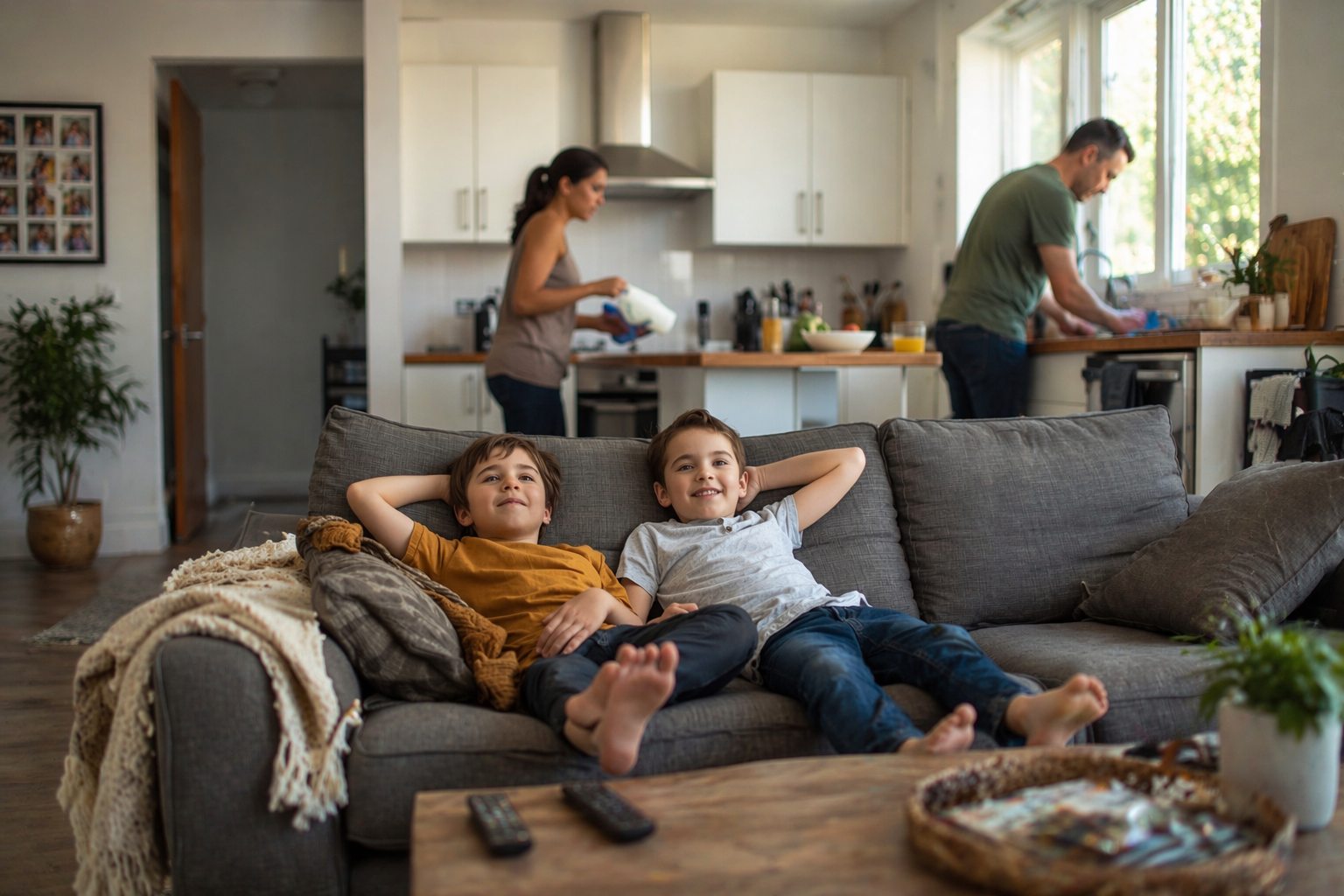 A family in a cozy living room on a weekend morning, kids lounging casually while a parent prepares food in the background.