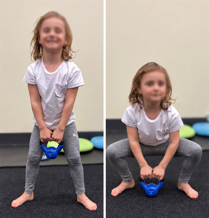 Child practicing a kettlebell squat during a youth fitness class focused on strength, balance, and functional movement.