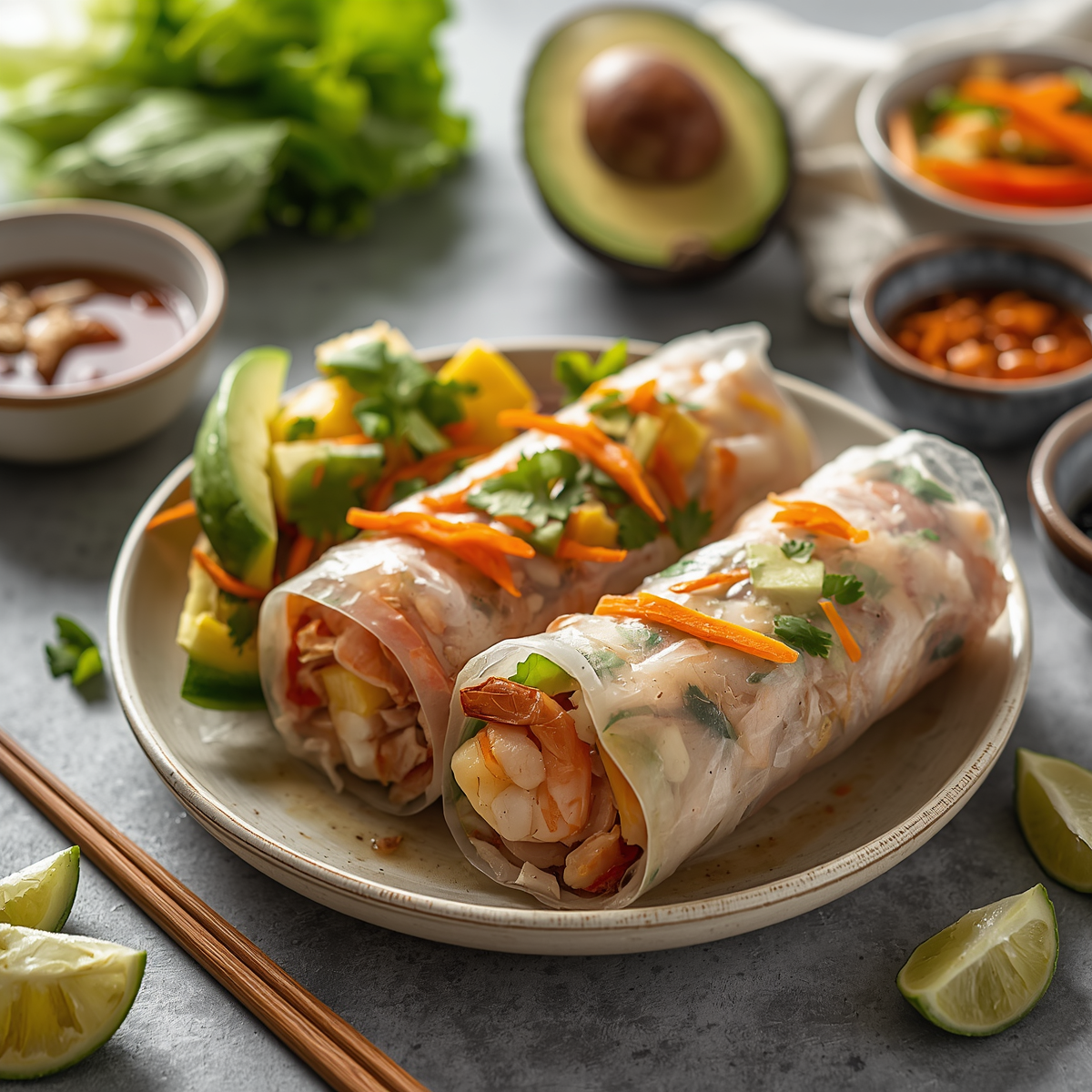 Fresh Vietnamese rice paper rolls with colorful ingredients.