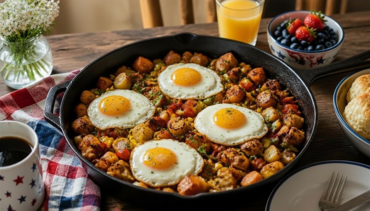 A cozy Fourth of July breakfast table featuring a cast-iron skillet filled with crispy BBQ breakfast hash made with potatoes, grilled chicken, corn, bell peppers, and onions, topped with fried eggs and fresh parsley. A cozy Fourth of July breakfast table featuring a cast-iron skillet filled with crispy BBQ breakfast hash made with potatoes, grilled chicken, corn, bell peppers, and onions, topped with fried eggs and fresh parsley.