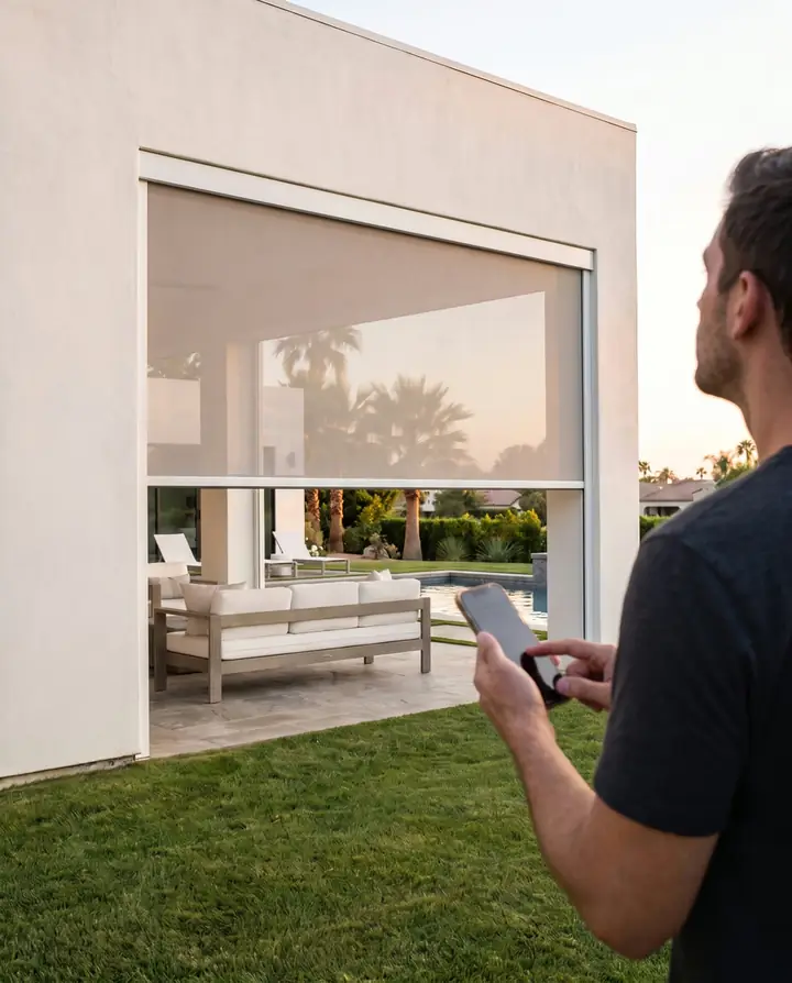 Homeowner tapping his phone as a Vanish screen lowers halfway in its white side tracks