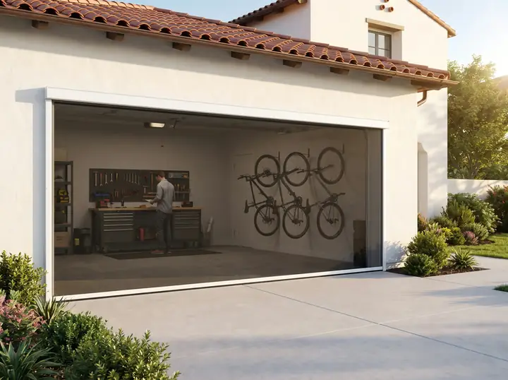 Open garage with a motorized screen lowered across the opening