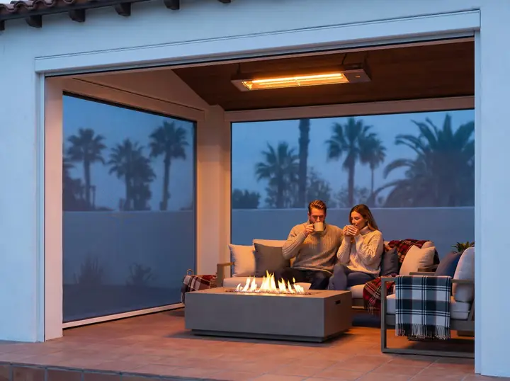 Screened patio with heater on and a couple sipping coffee