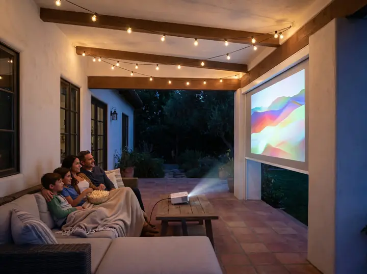 Family watching a projected movie on a lowered patio screen
