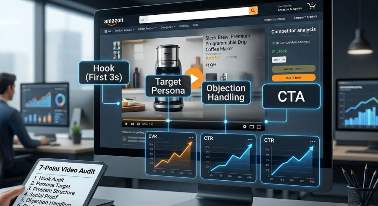 A computer screen displaying an Amazon competitor video audit framework with data overlay metrics like CTR and CVR for e-commerce listings. A computer screen displaying an Amazon competitor video audit framework with data overlay metrics like CTR and CVR for e-commerce listings.
