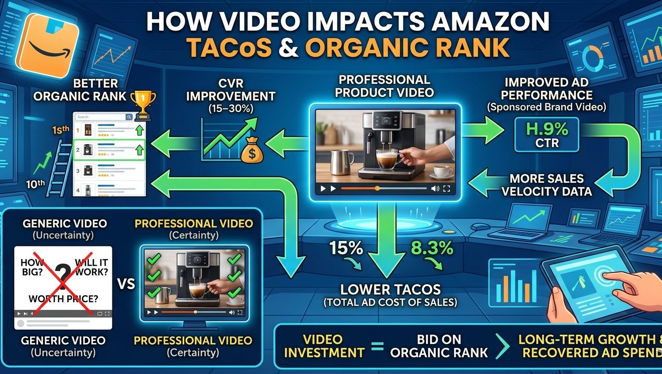 Infographic explaining how professional product video improves CVR, increases organic rank, and lowers TACoS on Amazon.