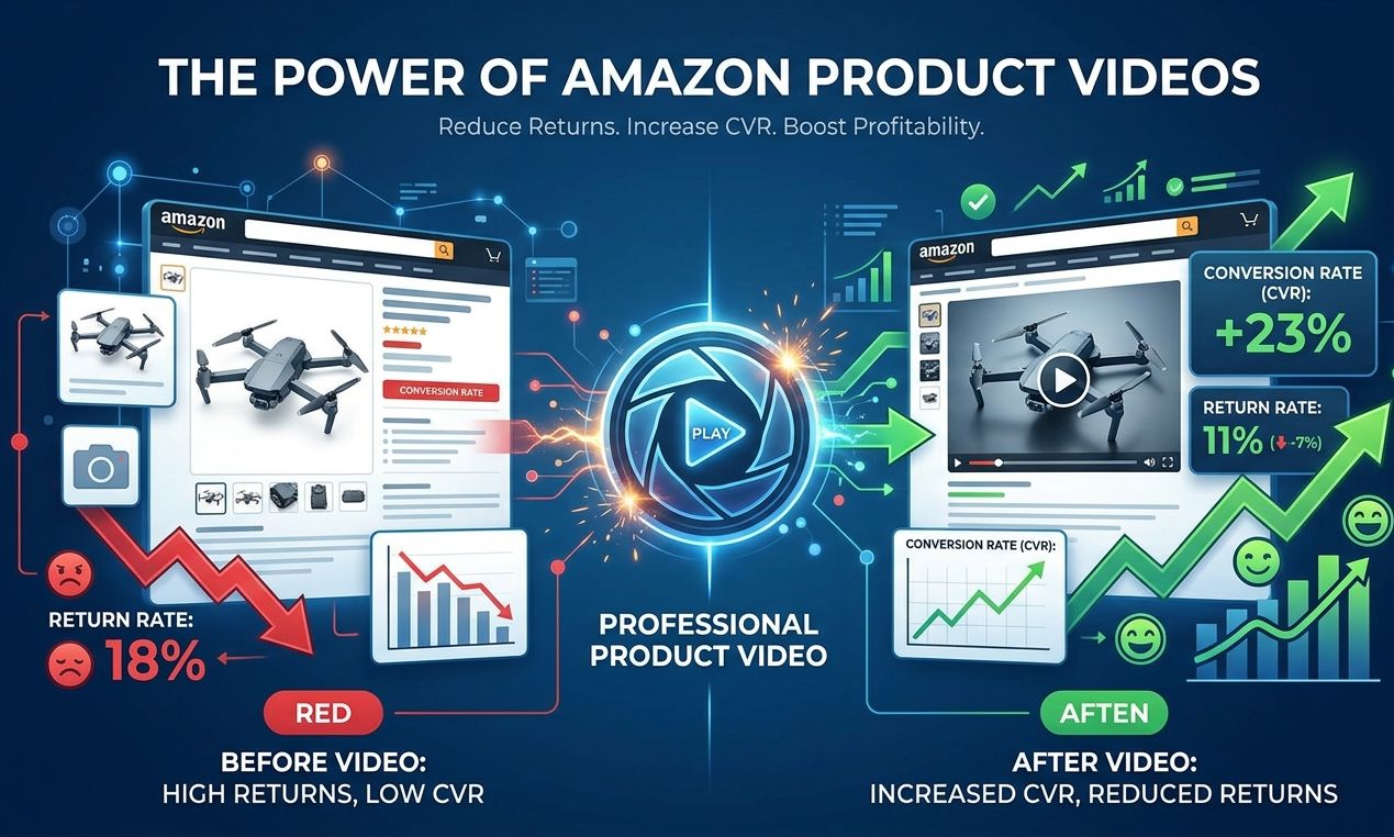 Comparative chart showing Amazon product video ROI: professional video reduced returns from 18% to 11% and increased conversion rate (CVR) by 23%. Comparative chart showing Amazon product video ROI: professional video reduced returns from 18% to 11% and increased conversion rate (CVR) by 23%.