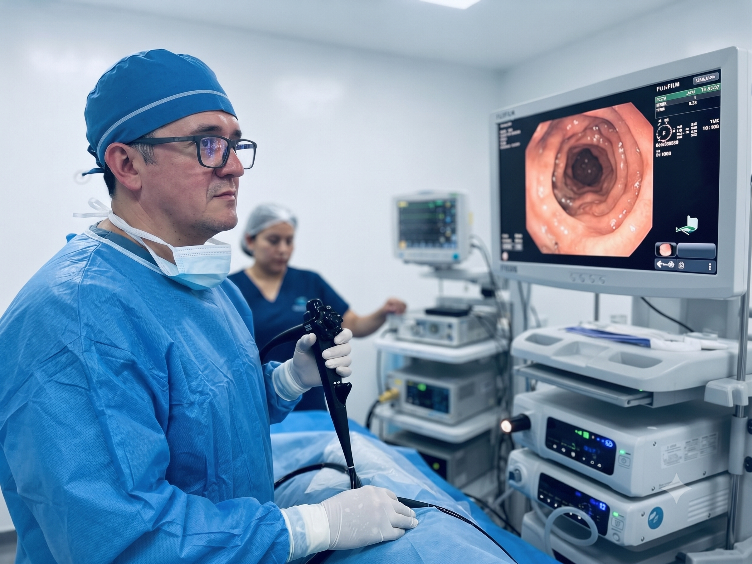 Dr. Andrés Yépez utilizando el equipo Fujifilm ELUXEO 7000 durante una endoscopia en CEEDA