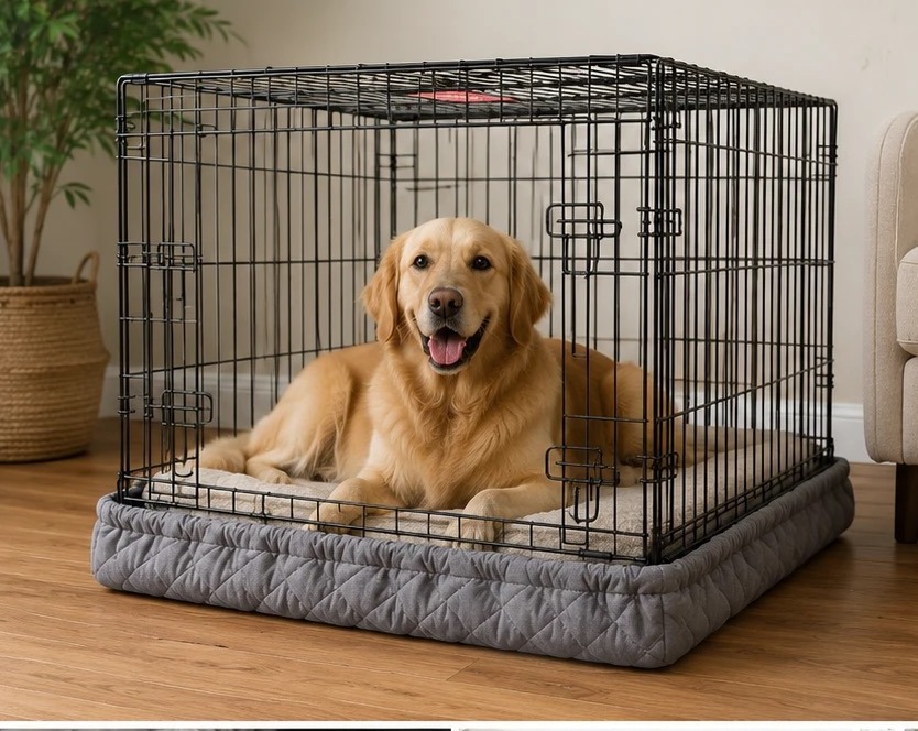 A dog resting calmly in a crate wrapped in the quilted Crate Wrap cover
