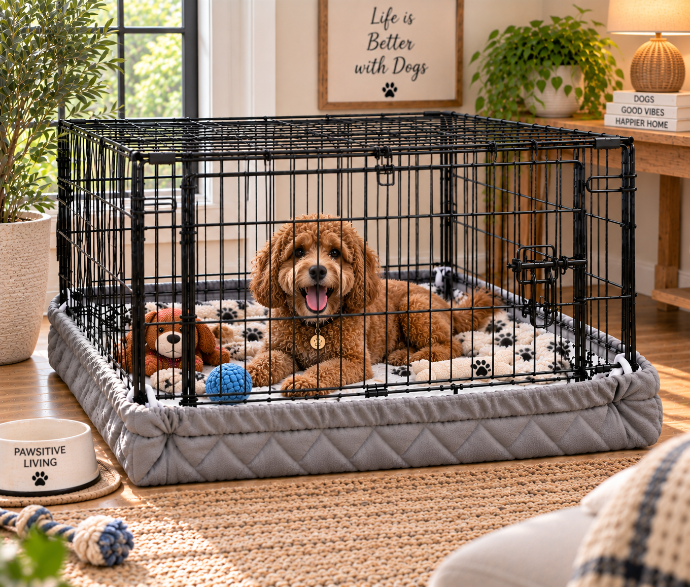 A dog resting calmly in a crate wrapped in the quilted Crate Wrap cover