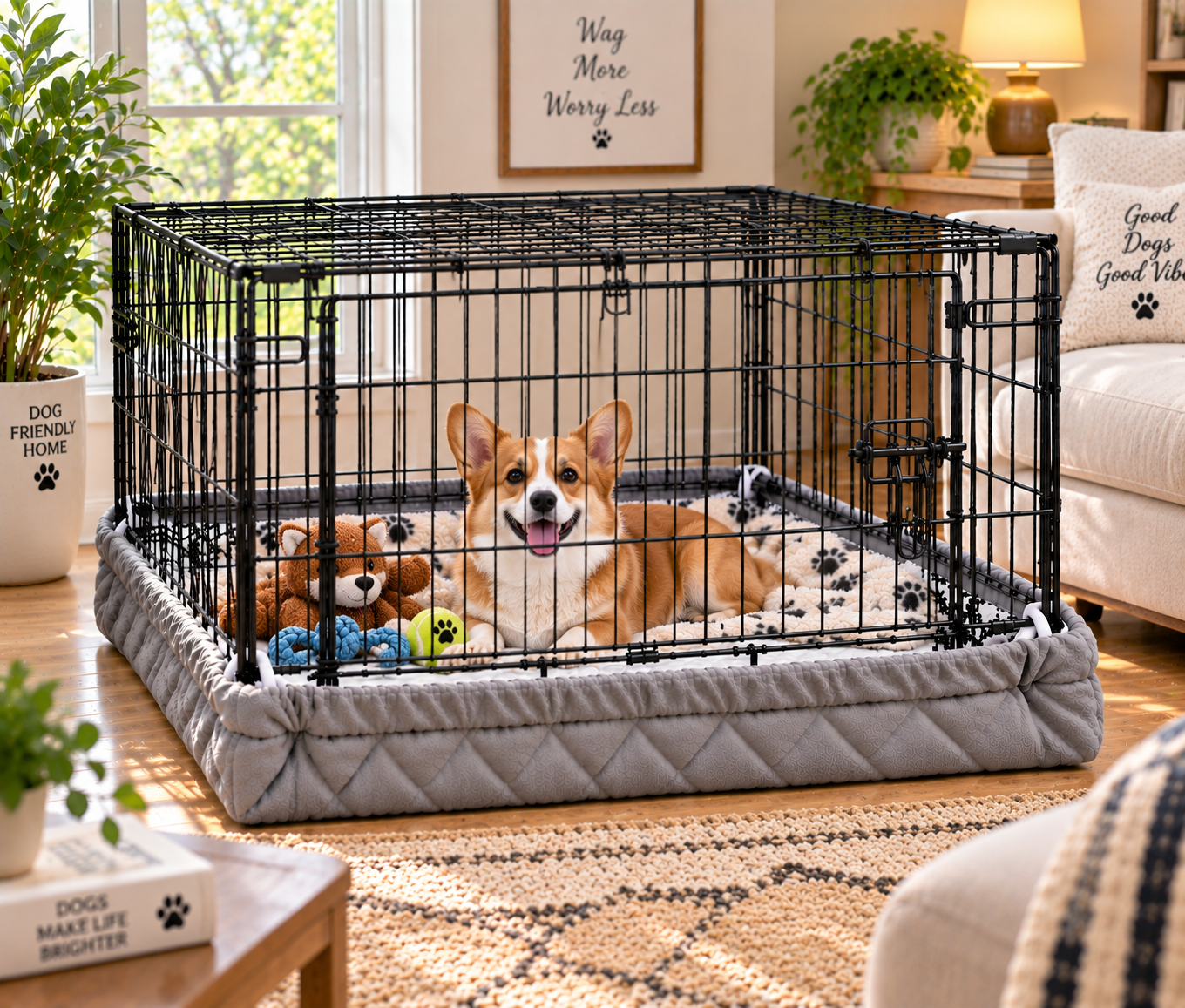 A dog resting comfortably in its Crate Wrap-covered crate