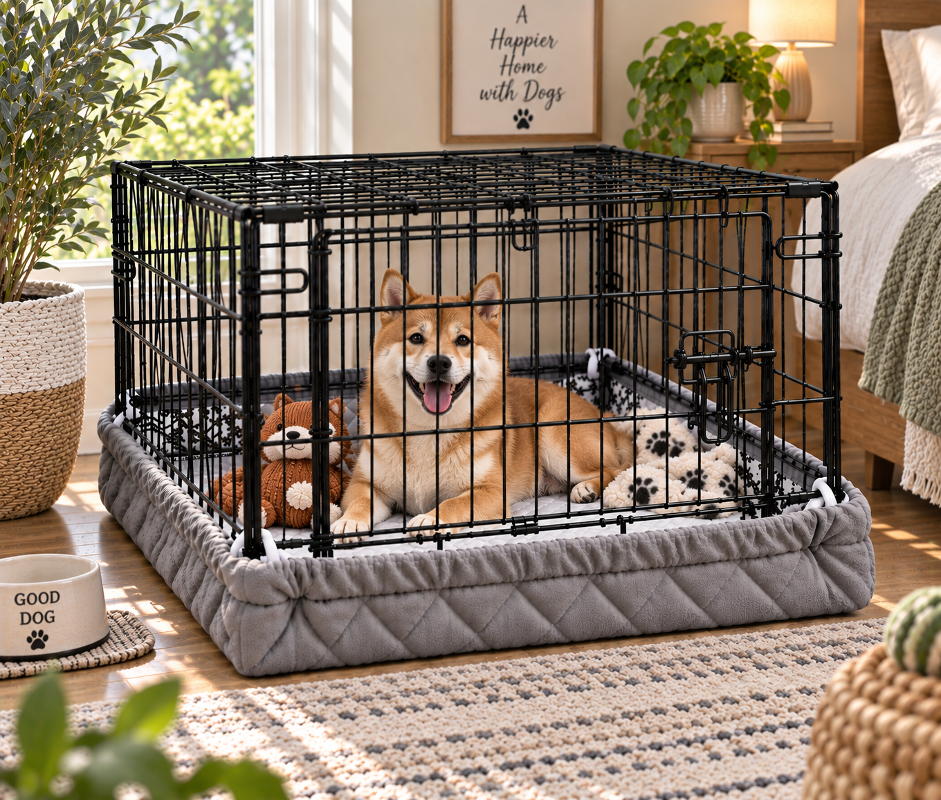 A dog settled calmly in its Crate Wrap-covered crate at home