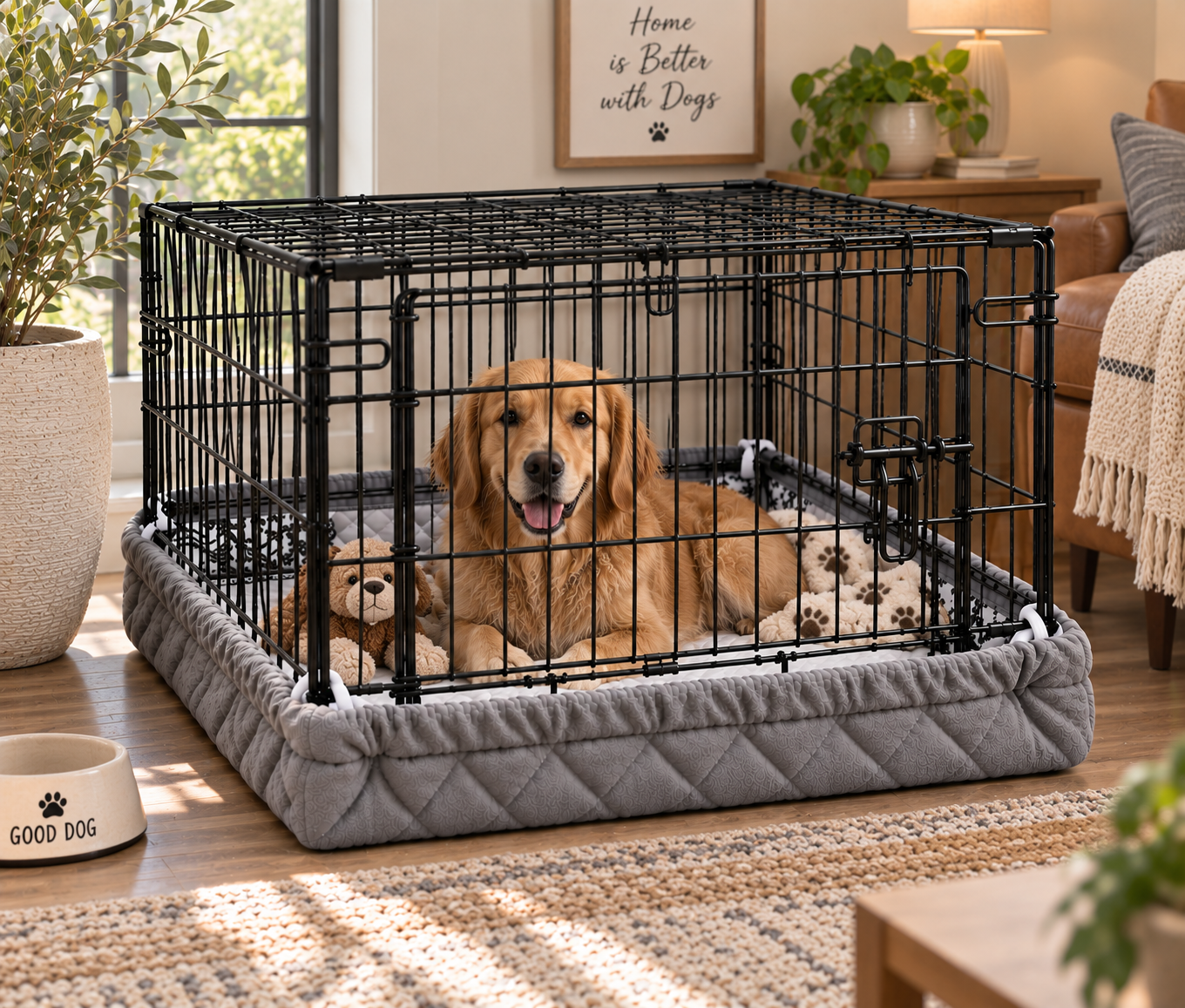 A golden retriever resting calmly in its Crate Wrap-covered crate