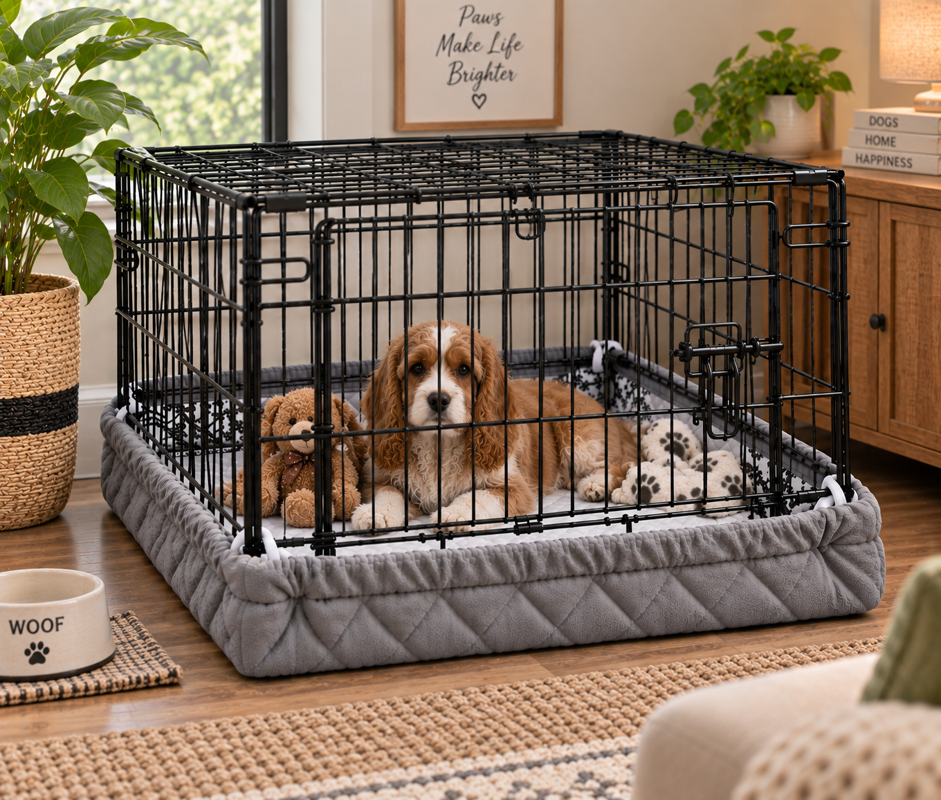 A closer view of the quilted cover fitted to the crate