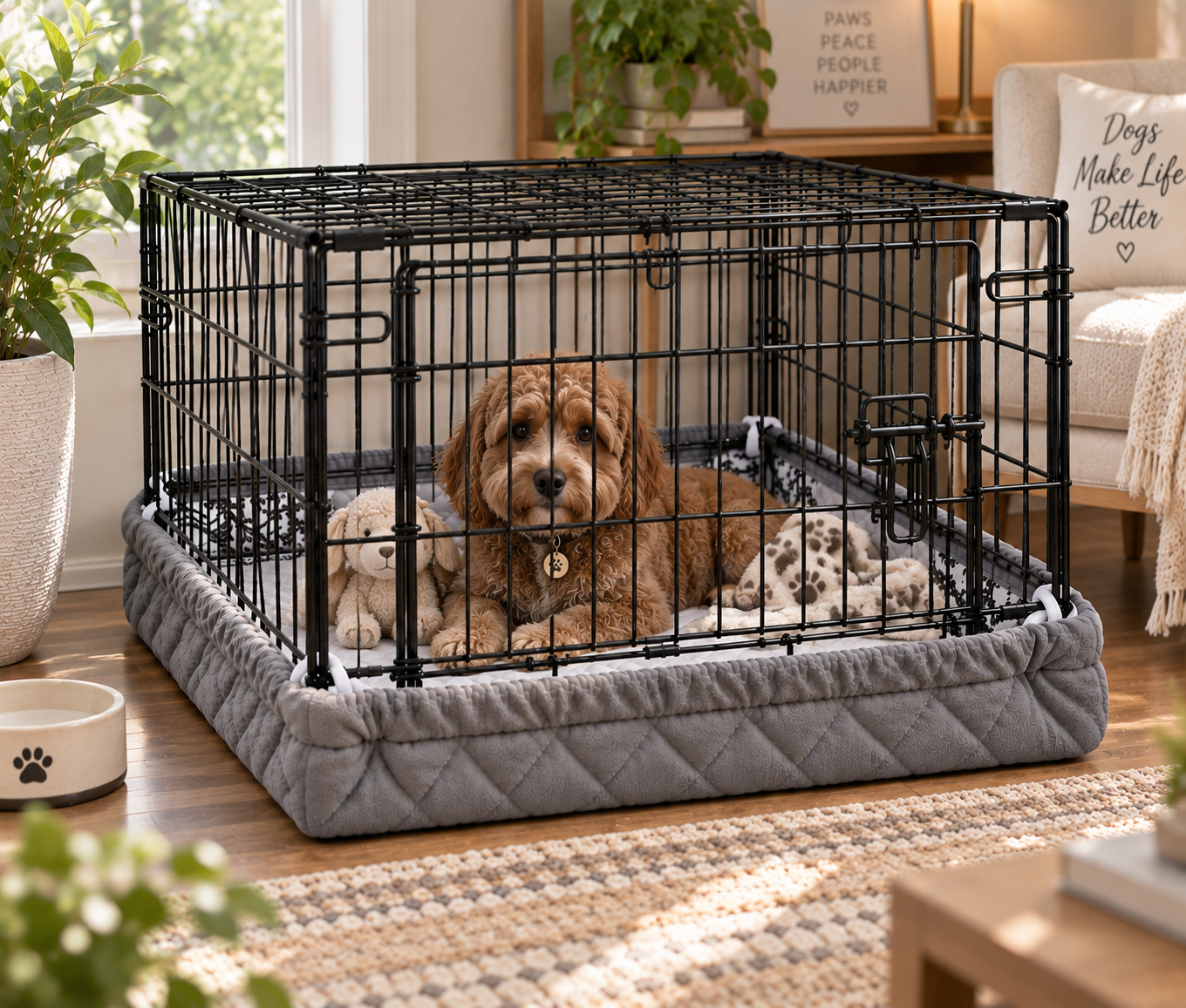 A dog resting in a Crate Wrap-covered crate in a bright, tidy home