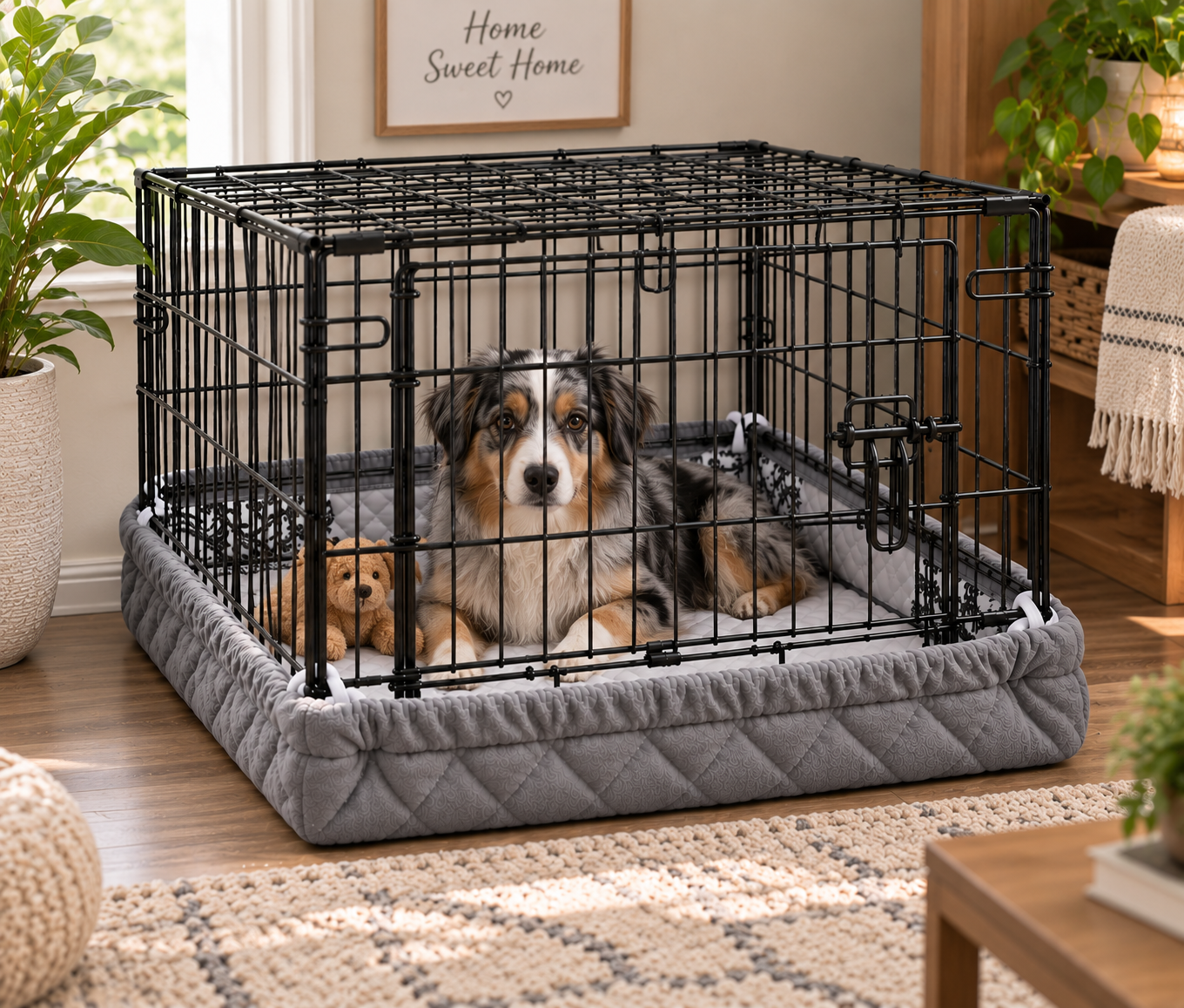 A dog settled calmly on the quilted base of the cover