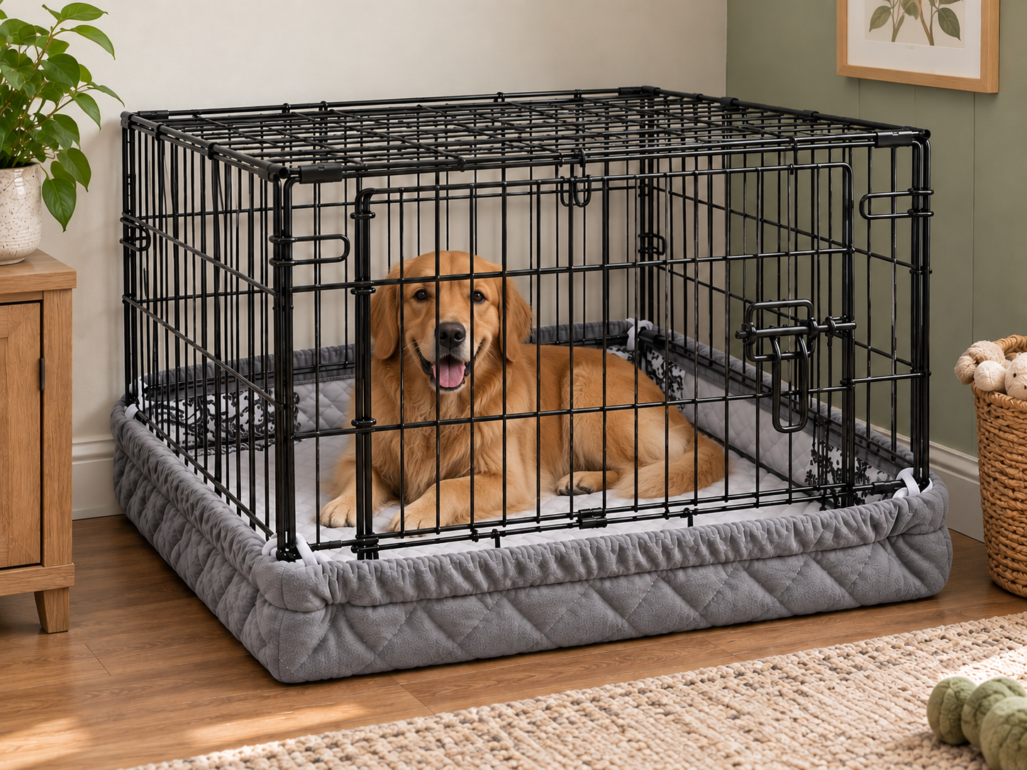 A dog resting calmly in a crate wrapped in the quilted Crate Wrap cover