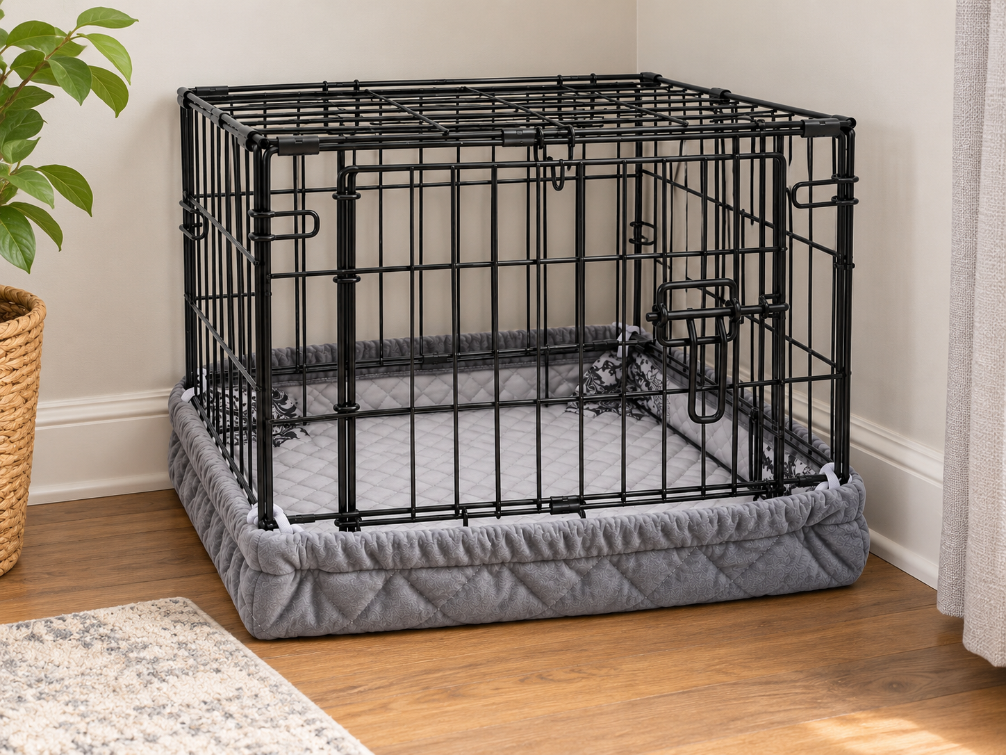 Crate Wrap covering the bottom and both sides of a crate in a tidy home