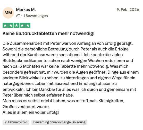 Trustpilot-Bewertung von Markus M.: Keine Blutdrucktabletten mehr notwendig