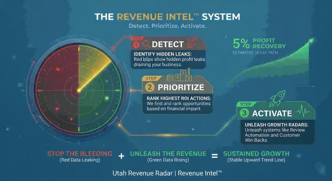 Revenue Intel diagram: plug restaurant revenue leaks and activate growth radars