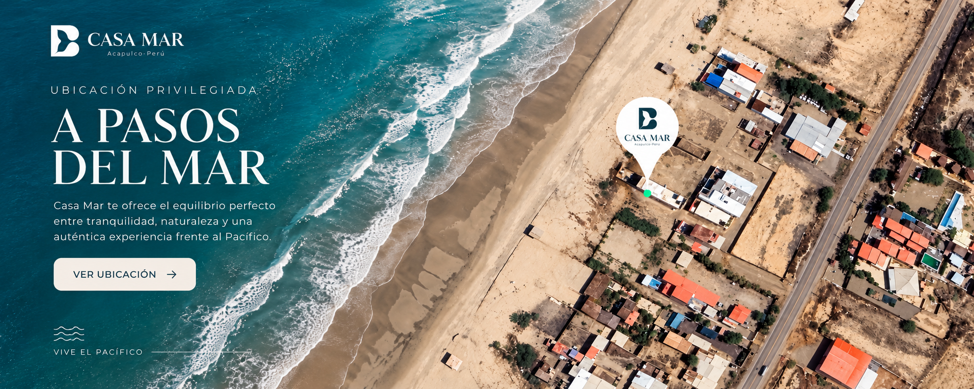 Vista aérea de Playa Acapulco con la ubicación de Casa Mar Bungalows, Zorritos, Tumbes