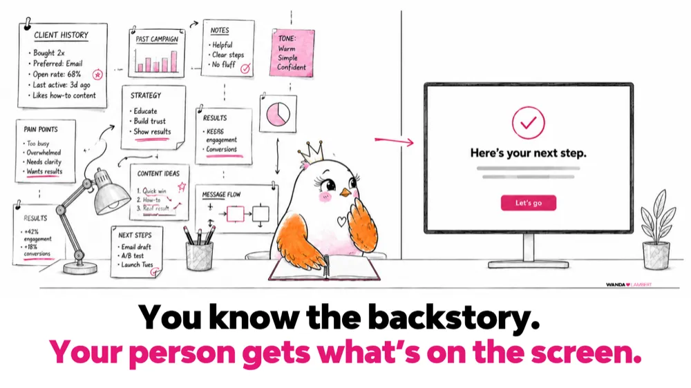 A bird at a desk covered in notes beside a screen showing only a short next-step message