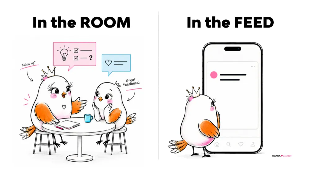 Two panels showing birds talking at a cafe table and one bird alone facing a phone with a two-line post