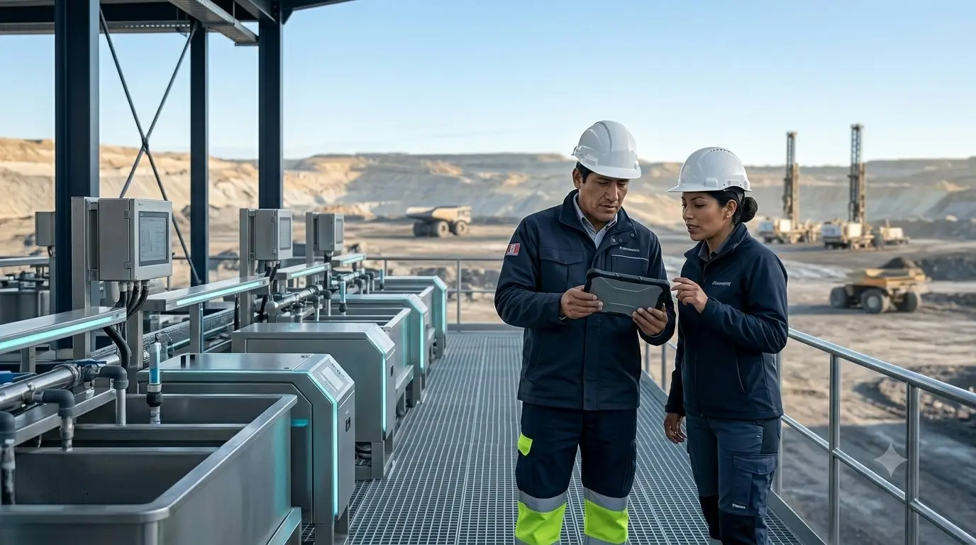 Ingenieros con tablet inspeccionando zona industrial