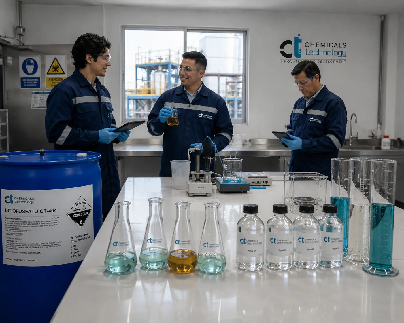 Ingenieros con tablet inspeccionando zona industrial