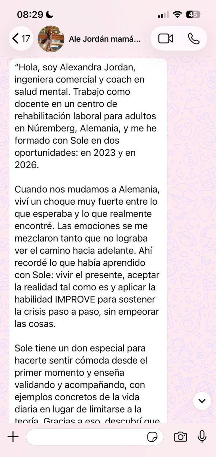 Mensaje de WhatsApp de Alexandra Jordán, coach en salud mental, Núremberg