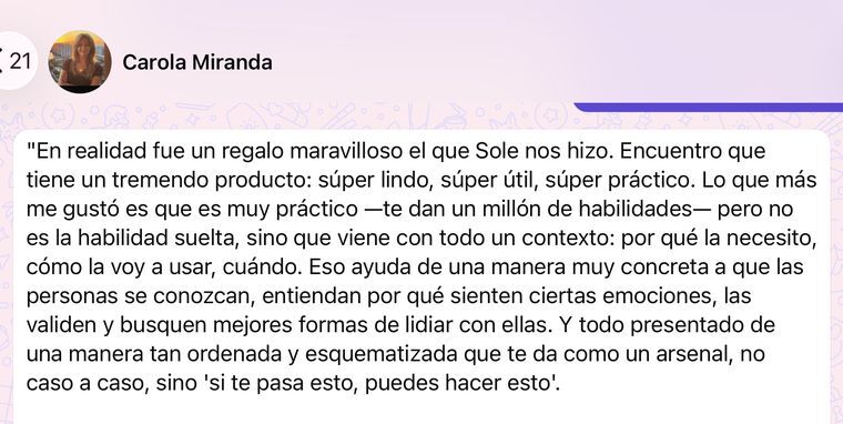 Mensaje de WhatsApp de Carolina Miranda, psicóloga clínica