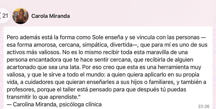Mensaje de WhatsApp de Carolina Miranda, psicóloga clínica