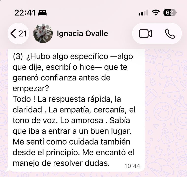 Mensaje de WhatsApp de Ignacia Ovalle, alumna