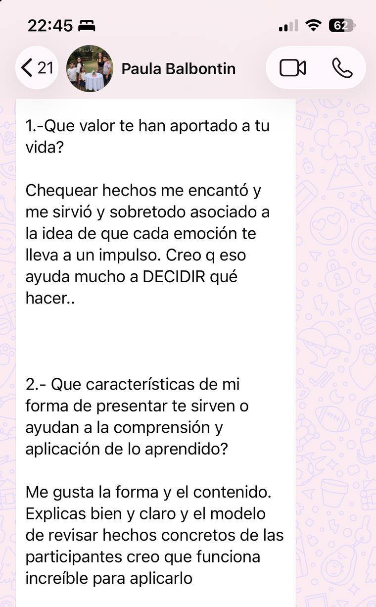 Mensaje de WhatsApp de Paula Balbontín, alumna