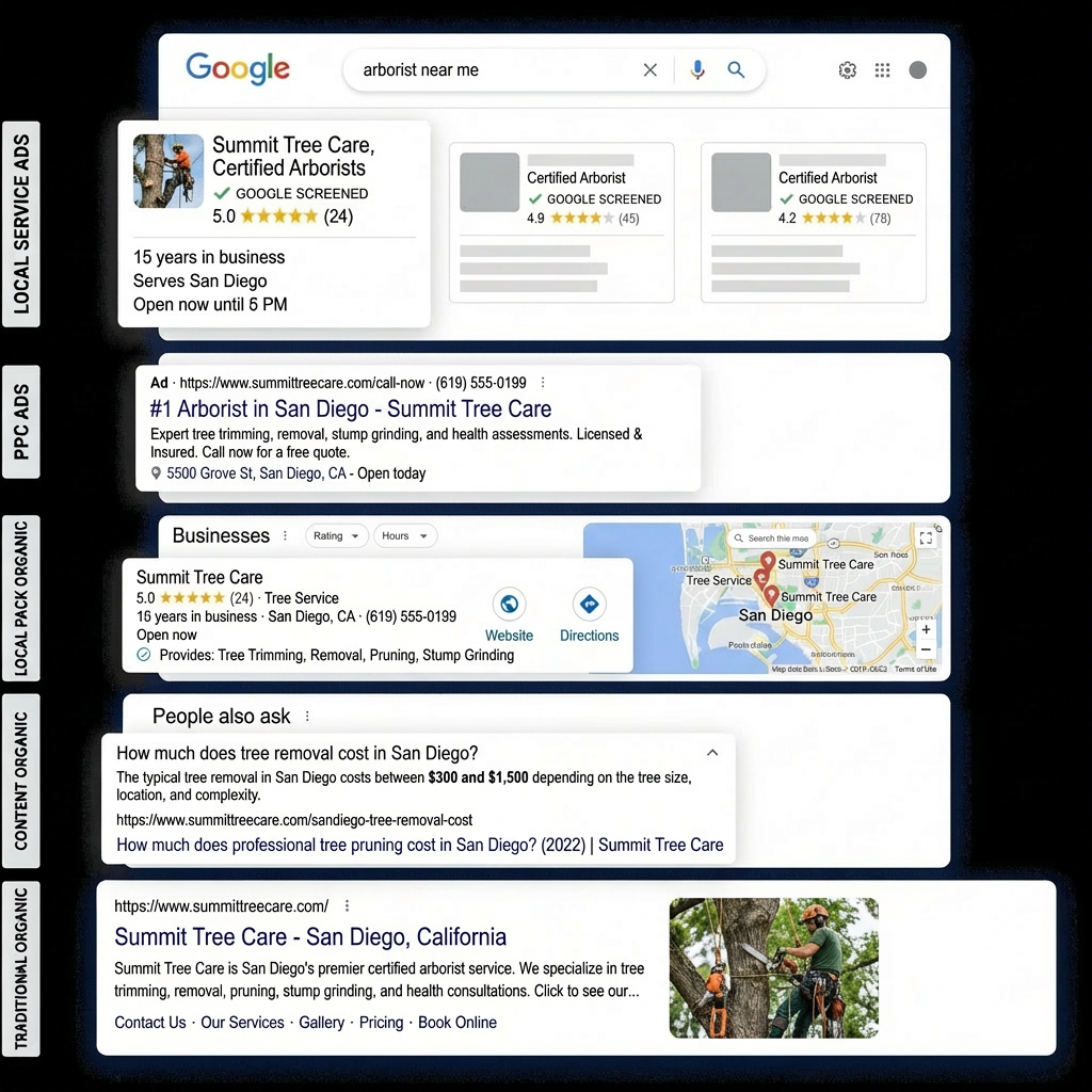Google search results showing local service ads, map pack, and organic results for arborist near me