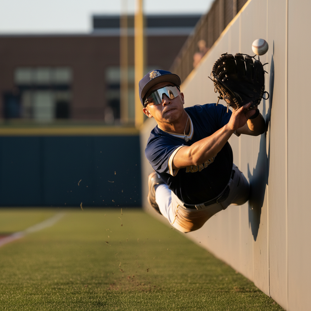 College outfielder robbing a home run wearing Next Play