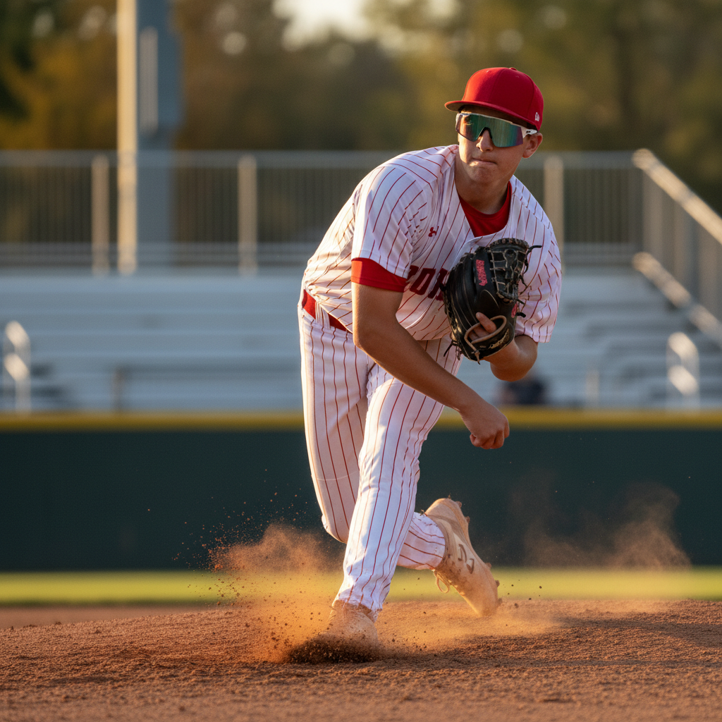 High school pitcher mid-delivery wearing Next Play