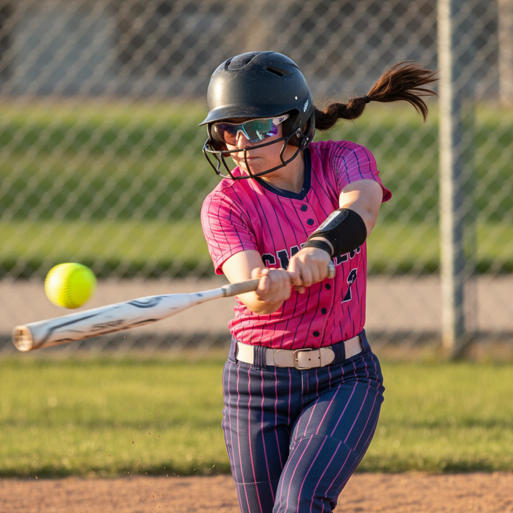 High school softball slapper mid-swing wearing Next Play