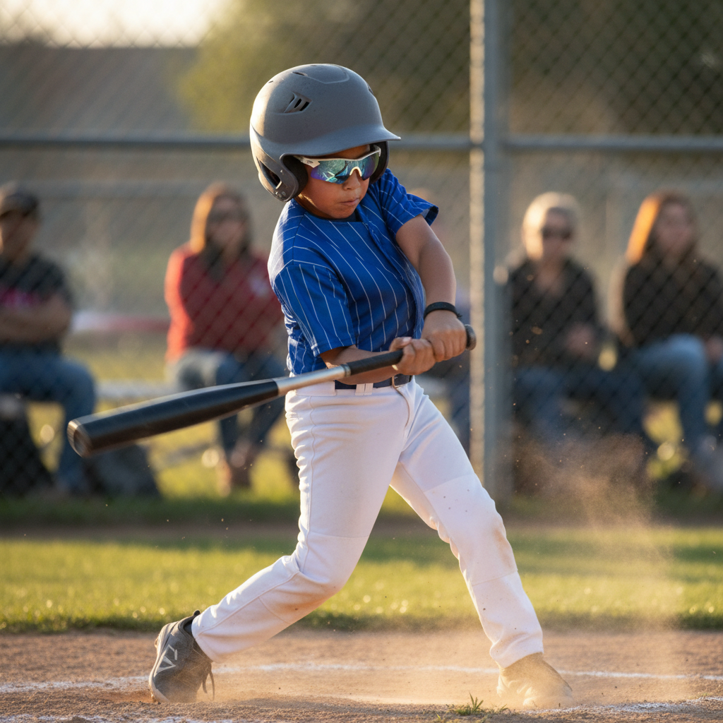Little League hitter mid-swing wearing Next Play