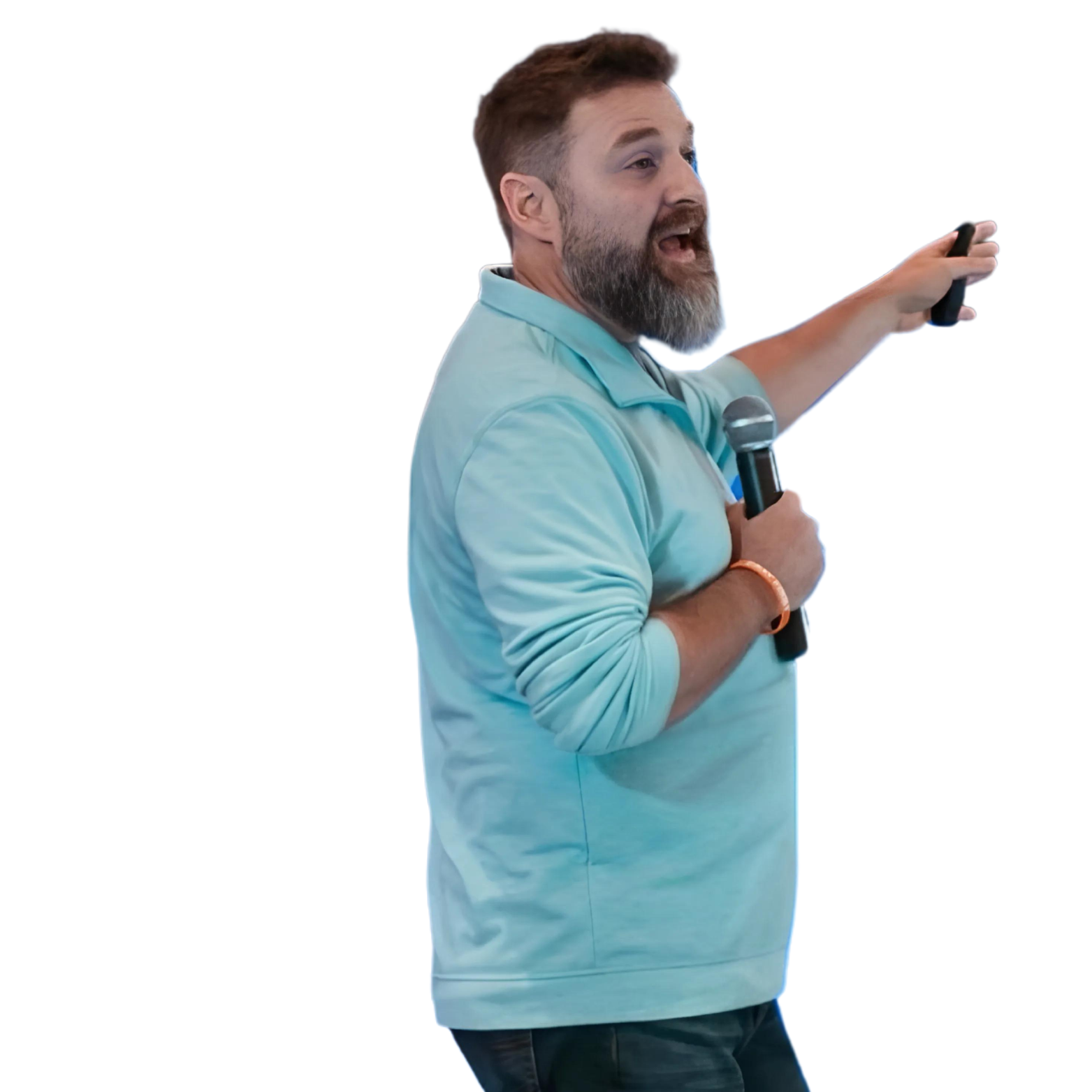 Craig Laughlin Jr speaking to owners with a microphone in hand