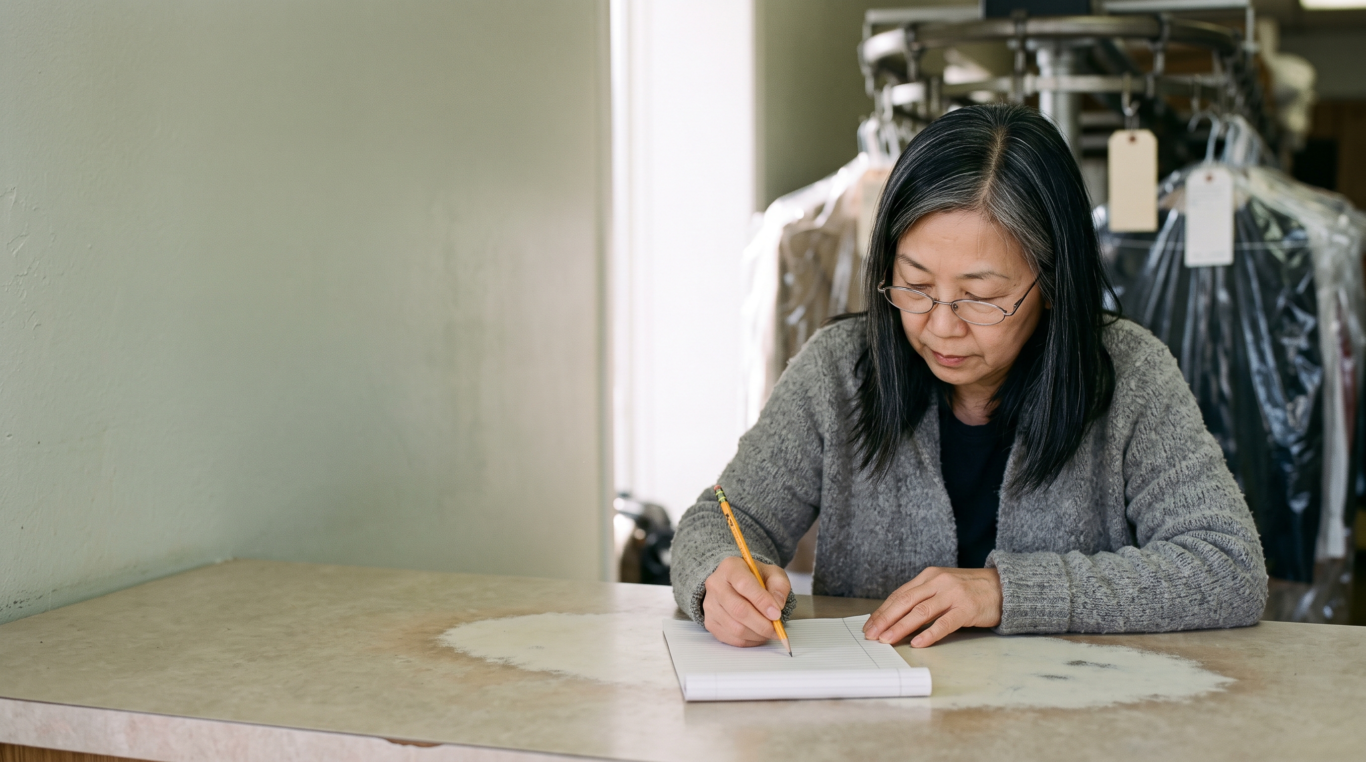 The owner of a dry cleaner, a woman in her sixties with gray-streaked black hair, reading glasses and a gray cardigan, sits at a worn counter and runs a yellow pencil down a ruled notepad, bagged and tagged garments hanging on the rack behind her.