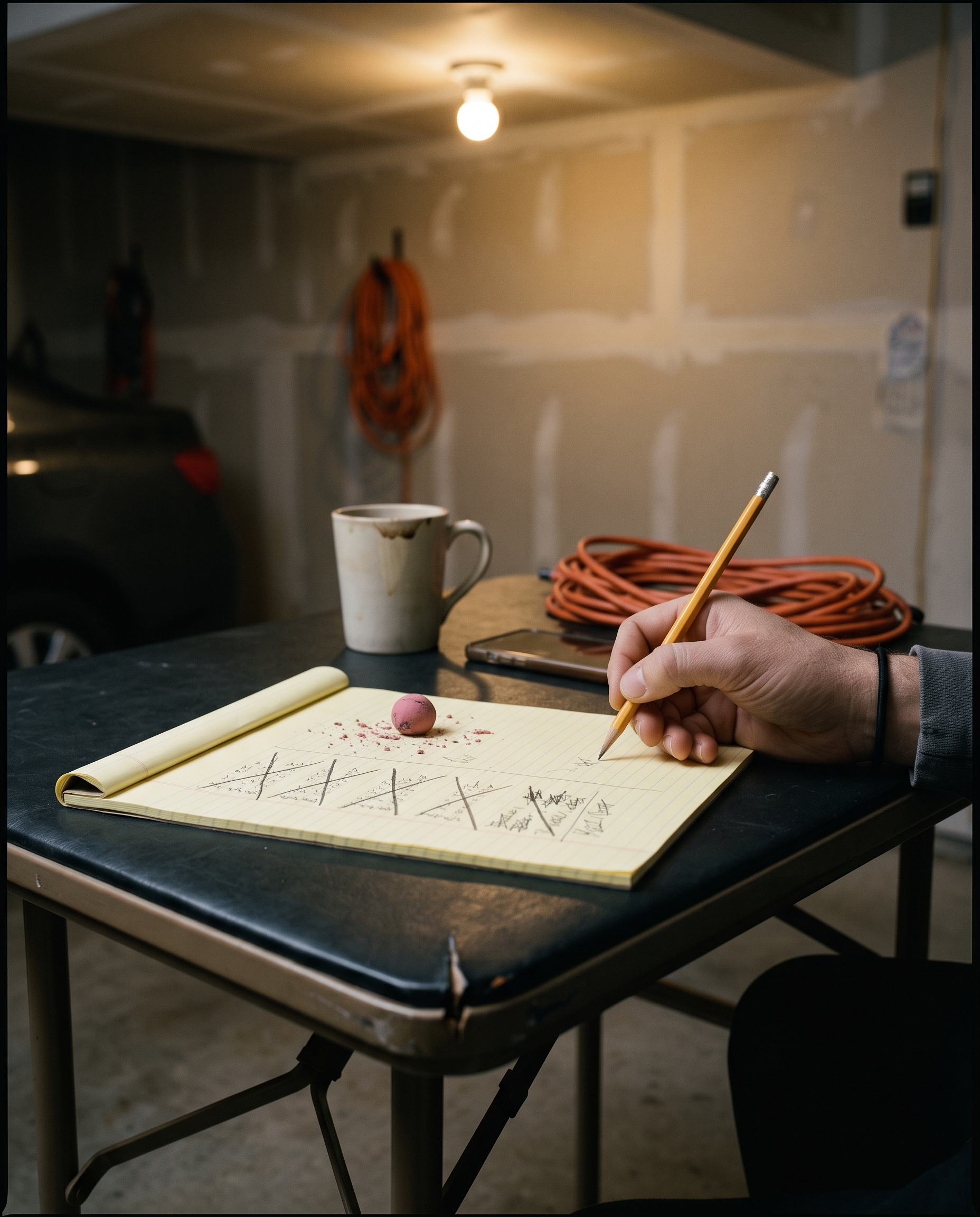 A hand holding a pencil over a legal pad of struck-through columns on a folding table in a garage at night, beside a worn eraser, a coffee mug and a coiled orange extension cord under one bare bulb