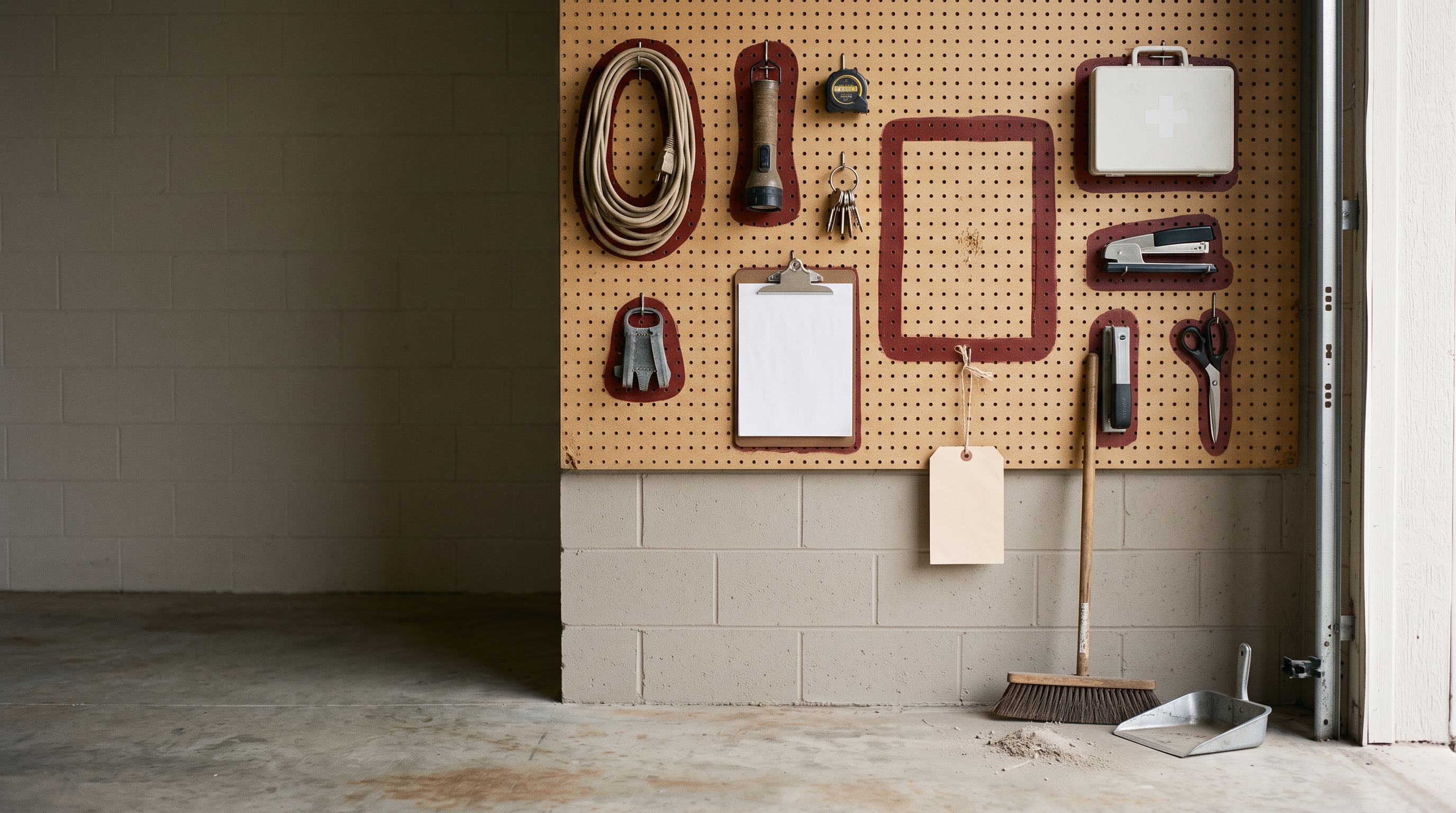 A swept back room at midday: a pegboard where every piece of gear hangs on its painted outline, one outline empty with a sign-out tag hanging under it, and a broom and dustpan beside a small pile of sweepings.