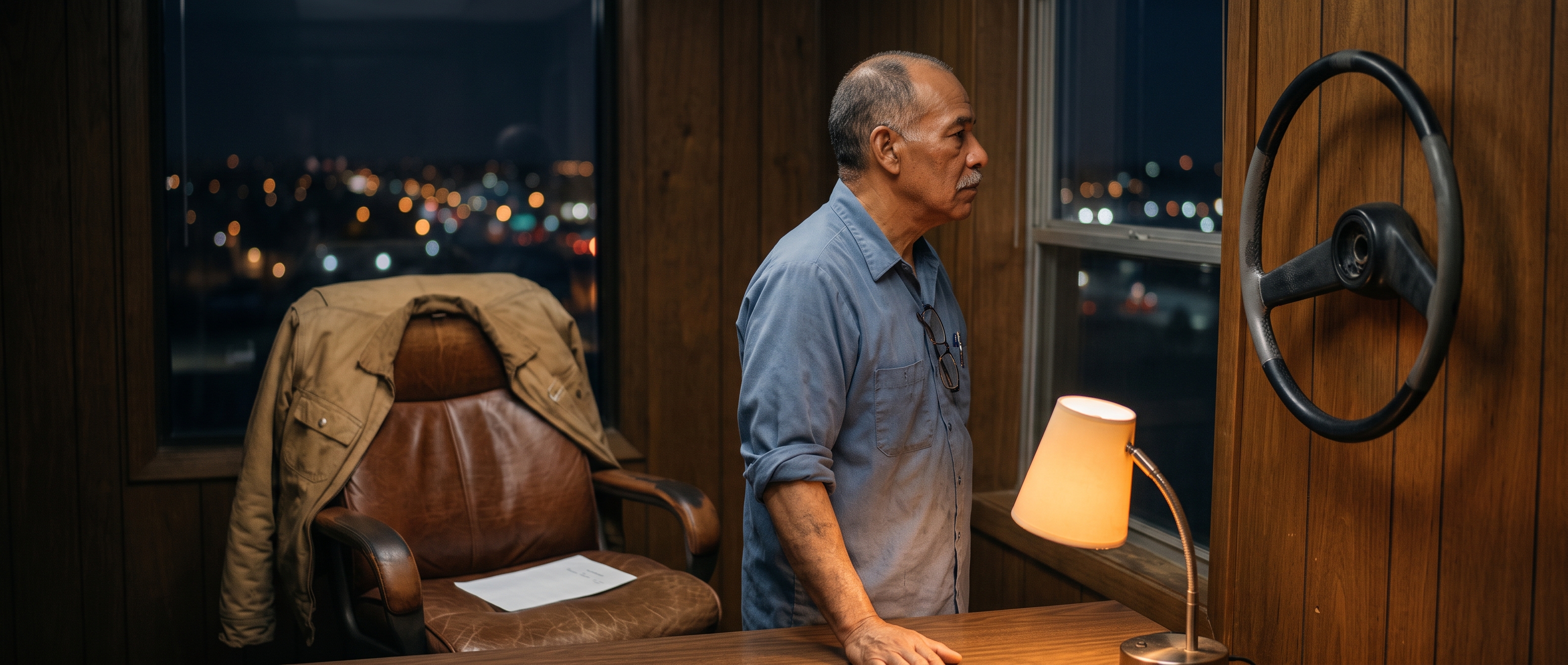 An owner in his sixties in a blue work shirt stands at his office window late at night, one hand on the desk, his leather chair turned away behind him with a work jacket over its back and an old steering wheel mounted on the paneled wall.