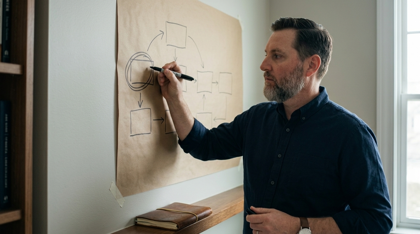 Craig Laughlin Jr at his office wall, marker in hand, studying a hand-drawn framework on kraft paper with one box circled twice
